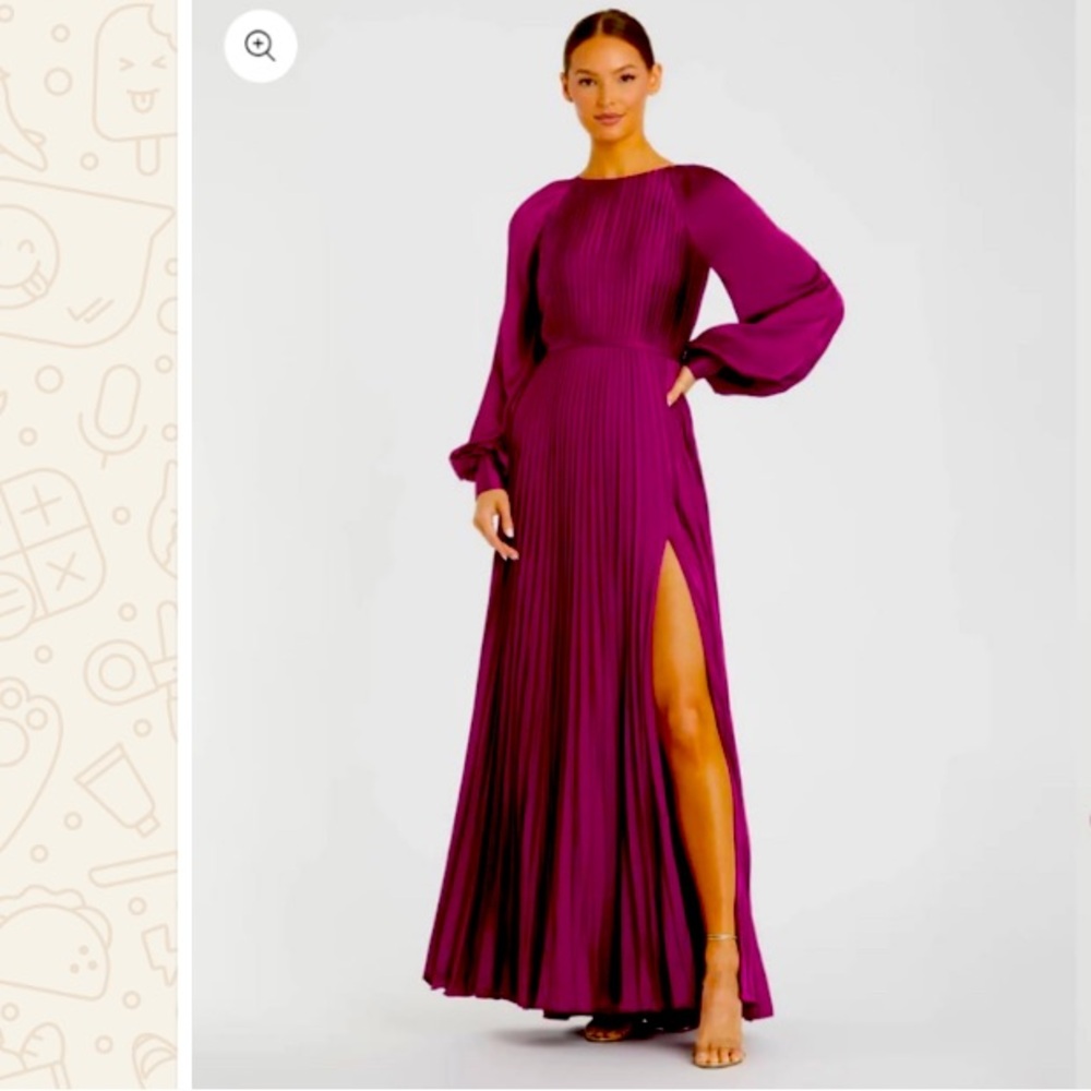 Mac Duggal Plum Pleated Long-Sleeve Slit Gown